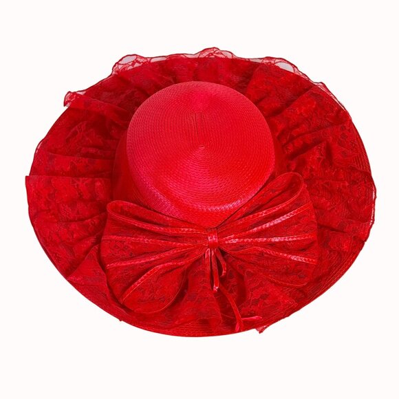 Vintage Wide Brimmed Derby Hat Red Flat Top Lace Bow Dramatic Silhouette - Picture 3 of 14